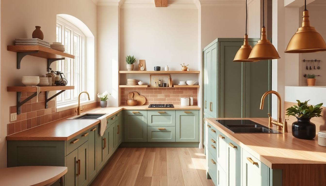 A warm, modern kitchen with sage cabinets and wood countertops